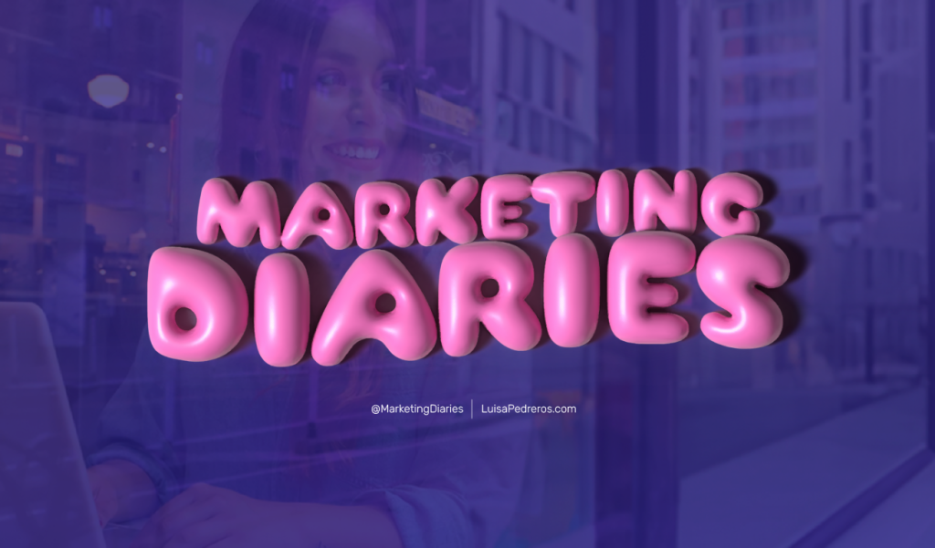Marketing Diaries logo with Luisa Pedreros smiling in the background, featuring pink bubble text. Keywords: marketing, graphic design, branding, web design